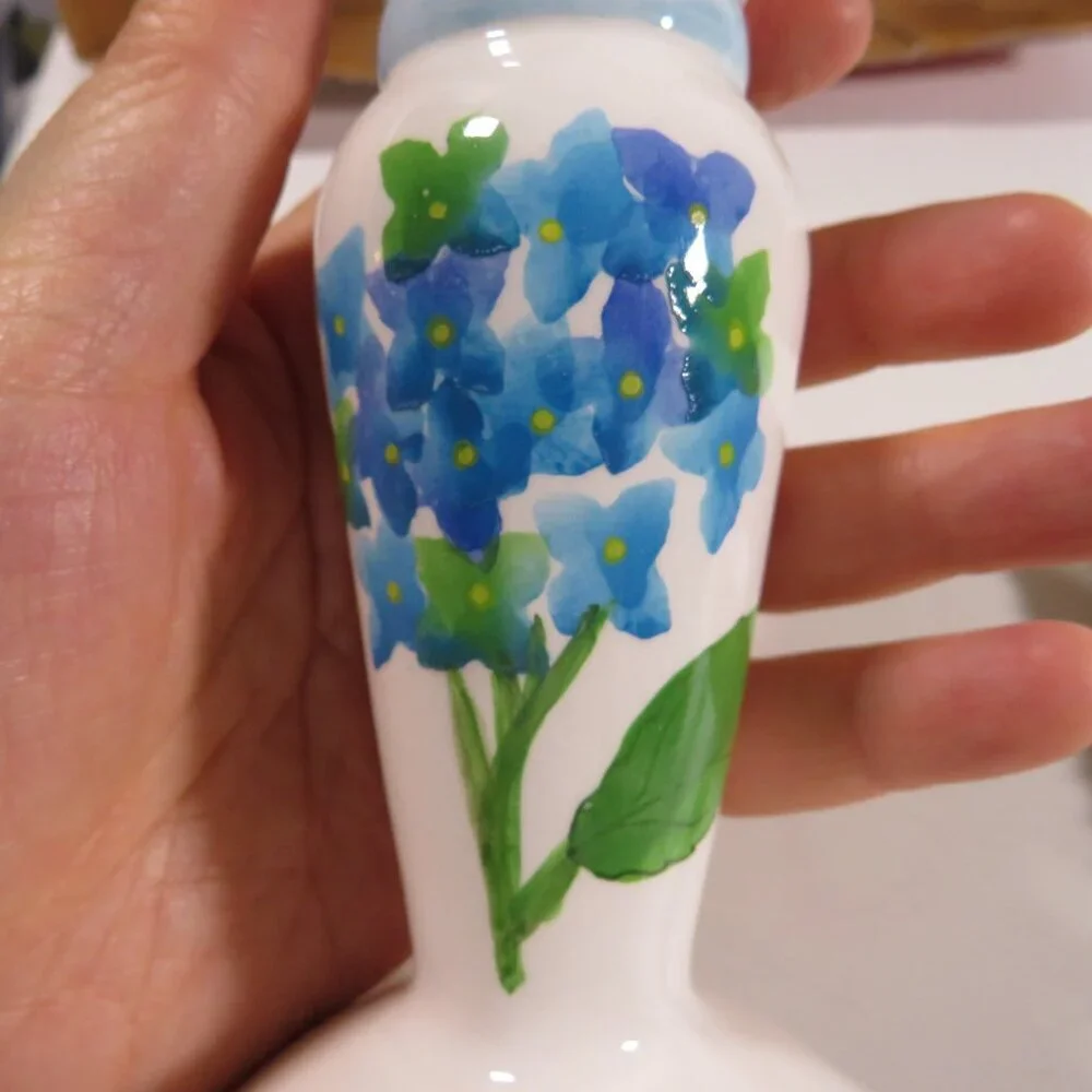 Hand painted Hibiscus Blue Flower Ceramic (1) Candlestick (one sided)